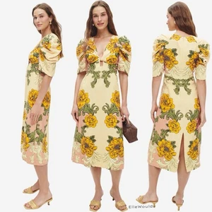 Farm Rio $280 Delicate Flower Arabesques Midi Dress Linen Size XS - Foto 1 di 10