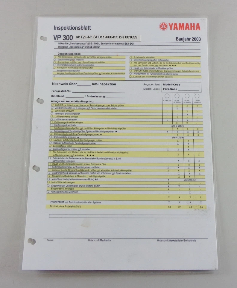 Inspection Sheet Yamaha VP 300 Type SH 011 Year 2003 - Image 1 of 1
