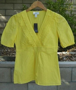 NWT Ann Taylor LOFT Yellow textured puff sleeves ruffle V neck Blouse Top Sz 0 - Picture 1 of 8