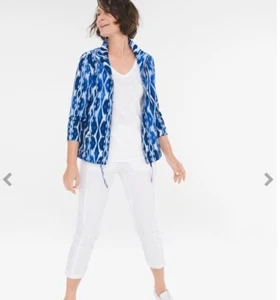 CHICO’S Zenergy Neema Ikat Bomber Jacket In Enamel Blue —Size 0 - Picture 1 of 8