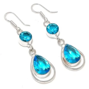 Swiss Blue Topaz Gemstone Handmade 925 Sterling Silver Jewelry Earring Sz 1.8'' - Picture 1 of 1
