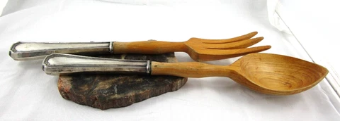 Vintage H'DLF Sterling Silver Salad set Fork w/Spoon teak wood Cover