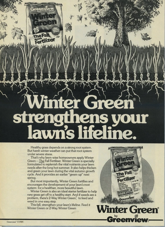 Anuncio de página de revista vintage 1989 para fertilizante verde invierno Greenview Foto 1 de 1