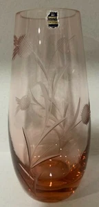 Vintage Gleneagles Crystal Large 8" Pink Cut Glass Barrel Vase Thistle Design - Picture 1 of 8