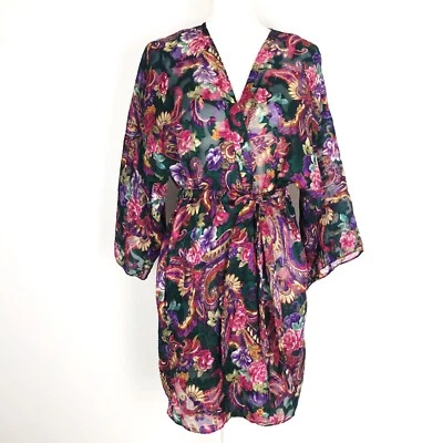 Bata de cachemira floral vintage de la dinastía California cinturón de nailon semi transparente L Foto 1 de 4