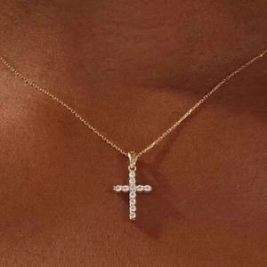 Round 0.75Ct Lab Grown Diamond 14K Yellow Gold Religious Cross Pendant 18" Chain - Picture 1 of 8