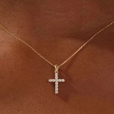 Round 0.75Ct Lab Grown Diamond 14K Yellow Gold Religious Cross Pendant 18" Chain - Image 1 of 4