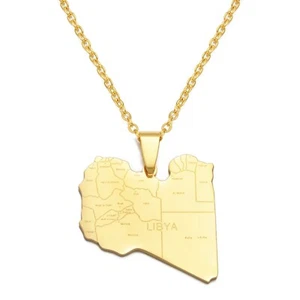 Libya Map Pendant Chain Necklace & Gift Pouch, gold stainless steel metal flag - Picture 1 of 3