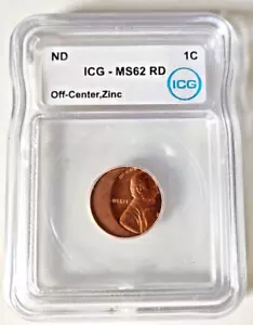 ND Red Lincoln One (1) Cent Penny Off-Center, Zinc Error Coin ICG MS62 RD - Picture 1 of 5