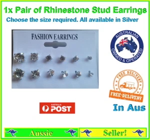 1x Pair of Silver Rhinestone Clear Stud Earrings Jewellery - Picture 1 of 4