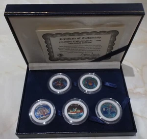 1999 COLORIZED STATE QUARTERS IN BOX + CERTIFICATE. INAUGURAL EDITION. 5 COINS. - Picture 1 of 3