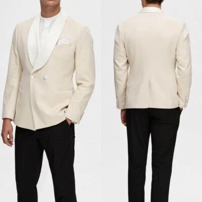 Hombres Beige Doble Pecho Traje Suave Satén Chal Solapa Chaqueta Fiesta Boda Foto 1 de 4