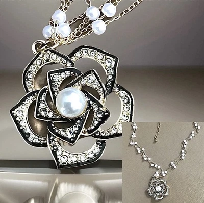 3 reihige Luxus Halskette mit Kamelie Strass und Perlenimitaten French Style🎀 - Bild 1 von 4