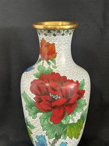 Vintage Cloisonné Red Rose Vase With Butterfly Pattern~10 1/4” - Picture 1 of 6