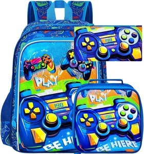 3Pcs 16" Gamer Backpack Set – School Bag with Lunch Box + Pencil Bag, Blue - Picture 1 of 12