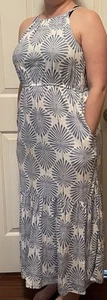 Joie Women Tiered Linen Halter Maxi Dress Medium White Blue Palm Leaf Beachy - Picture 1 of 9