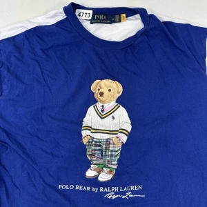 Ralph Lauren Polo Bear T-Shirt Men Medium Blue White Colorblock Preppy Crop Fit - Picture 1 of 9
