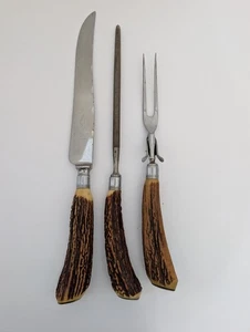 Vintage Sheffield England Stag Handle Carving Set Knife Fork Sharpening Steel - Picture 1 of 5