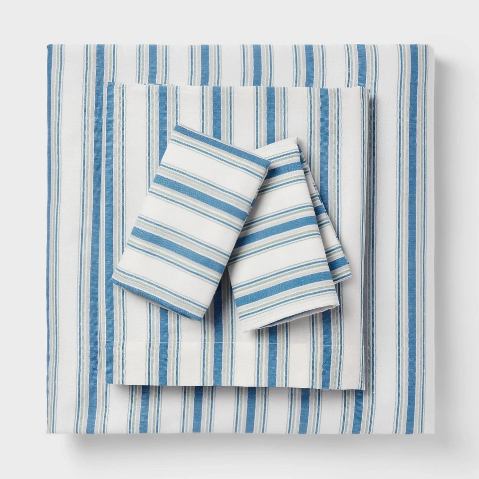 Room Essentials King Cotton Blend Sateen Sheet Set Blue Texture Stripe Size King - Image 1 of 1