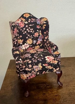 老式Bespaq娃娃屋翼背扶手椅-花卉内饰-1:12 — 第 1/2 张图片