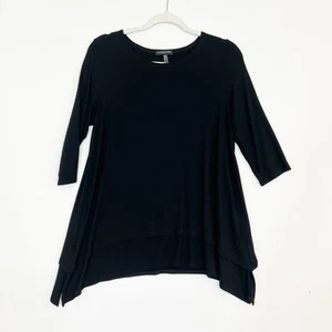 Eileen Fisher Petite Black Tunic Top 3/4 Sleeve Shark Bite Layered Hem Womens PM - Picture 1 of 12