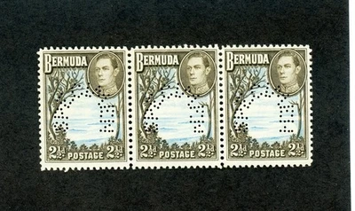 [BERMUDA] Scarce 1938 2½d SG 113a SPECIMEN Perfins / Strip-of-3  (MNH) - Image 1 of 2