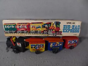 Wind-Up Metal Tin Toy Train Western Comic Zig Zag Express Bell MTU Vintage Works - Picture 1 of 9