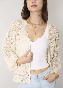 Cotton Womens Hippie Bohemian Floral Crochet Trim Swimsuit Cover Up Cardigan - Picture 1 of 20