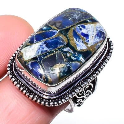 Anillo de plata de ley 925 con piedras preciosas de sodalita de cobre natural tamaño 7,5 P164 Foto 1 de 4