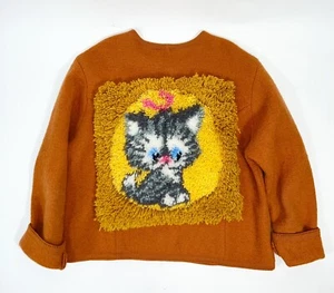 VTG SHAG WOOL SWEATER TAPESTRY CARPET CARDIGAN PITY KITTY CAT MOD HIPPIE GRUNGE - Picture 1 of 12