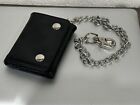 Men’s Genuine Leather Trifold Wallet With Chain - Black