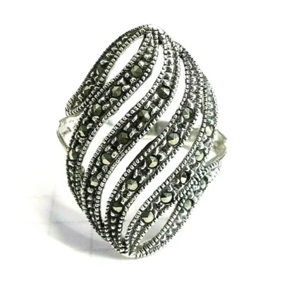 (SIZE 6,7,8,9) ELEGANT MARCASITE WAVES RING .925 STERLING SILVER - Image 1 of 3