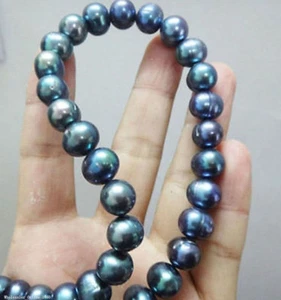 9-10mm Genuine Natural Tahitian Peacock Black Real Baroque Pearl Necklace 18'' - Picture 1 of 3