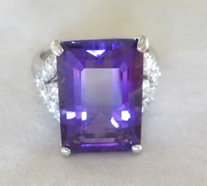 14K White Gold Solitaire Amethyst Diamond Ring - 8.30 gms, Sz 7.75, 12.58 ctw - Picture 1 of 14