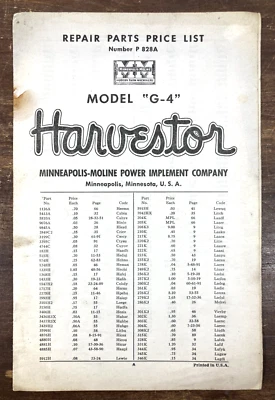 Minneapolis Moline G-4 Harvestor Combine Repair Parts Price List Booklet P 828A - Image 1 of 3
