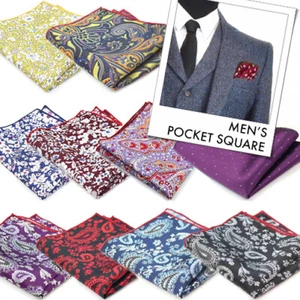 MEN POCKET SQUARE Dot Flower Paisley Cotton Handkerchief Polyester Hanky Party - Picture 1 of 59