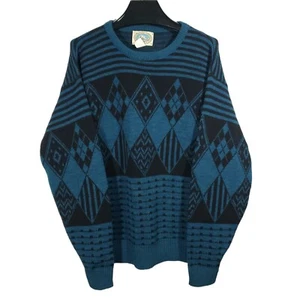 Vintage 90s Environmental Clothing Geometric Knit Sweater Mens L Teal Black Diamond - Bild 1 von 4