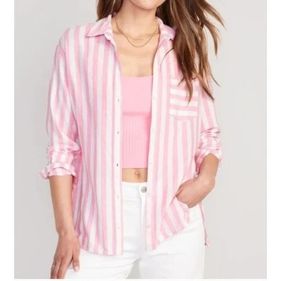 Old Navy The Boyfriend Shirt Pink White Stripe Linen Blend Button Down Womens XL - Image 1 of 4