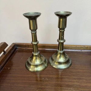 Antique Heavy Matching Pair Of Gold Brass Metal Candlesticks Collectable 17cm - Picture 1 of 10