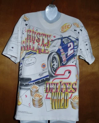 Vint Rusty Wallace T Shirt NASCAR double sided & all over print sz M Deuces Wild - Image 1 of 4