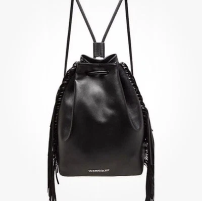 Victoria's Secret Fashion Show Drawstring Bag Fringe Backpack Black Large - Image 1 of 4