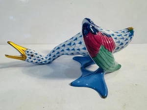 Herend Porcelain Blue Fishnet Honking Goose Hand Painted w/24k Gold Perfect - Picture 1 of 6