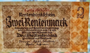 Germany 2 rentenmark Stabilization Bank 1937 7 digit UNC(?) combined shipping - Picture 1 of 3