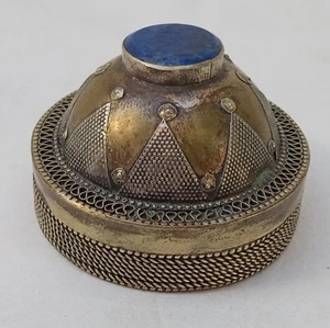 Vintage Tin Snuff Box Handcrafted Wire Work Blue Stone Middle Eastern - Picture 1 of 9