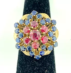 Vintage Retro 14k Solid Gold Basket Pyramid Of Sapphires And Rubies Ring Sz 5.50 - Picture 1 of 10