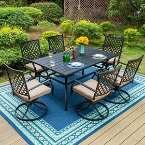 MF Studio 7-Piece Outdoor Dining Set, Swivel Chairs & Table for 6, Black/Beige - Picture 1 of 16