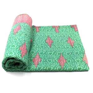 Vintage Kantha Quilt Indian Cotton Bedspread Tropical Bedding Blanket - Picture 1 of 6