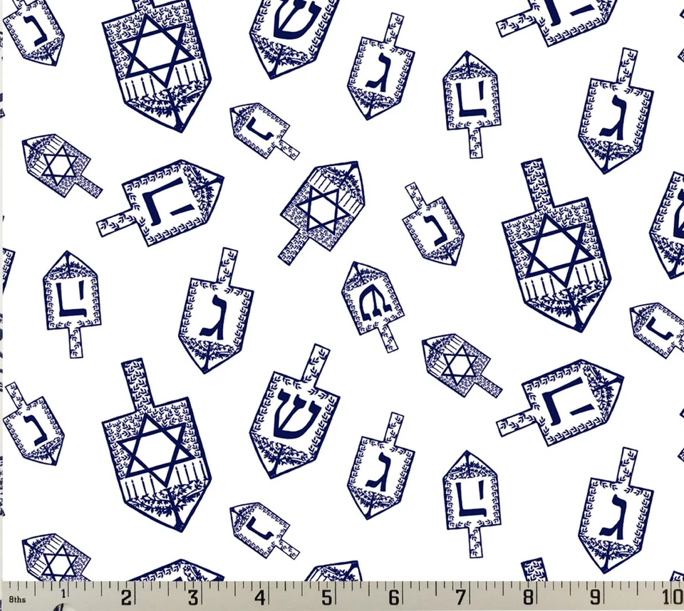 Tela de edredón de algodón Festival Of Lights Dreidel Hanukkah Riley Blake blanco azul marino Foto 1 de 1