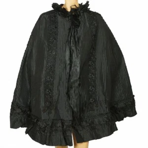 Antique Victorian Mourning Cape Black Silk Hip Cloak with Lace Ribbon Decoration - Bild 1 von 11