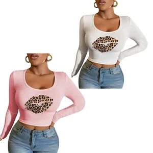 Damen Langarm Pullover U-Ausschnitt Leoparden Lippen Bedruckt Crop Top T-Shirt - Bild 1 von 5